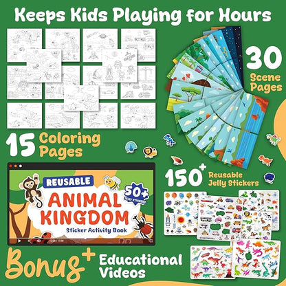 Excool Club Pack 3 Toddler Reusable Sticker Book - Waterproof Jelly Sticker Book for Kids, Dinosaur, Vehicle, Animal Stickers Books Travel Toys Activities, Cute Birthday Gifts for Boy Girl