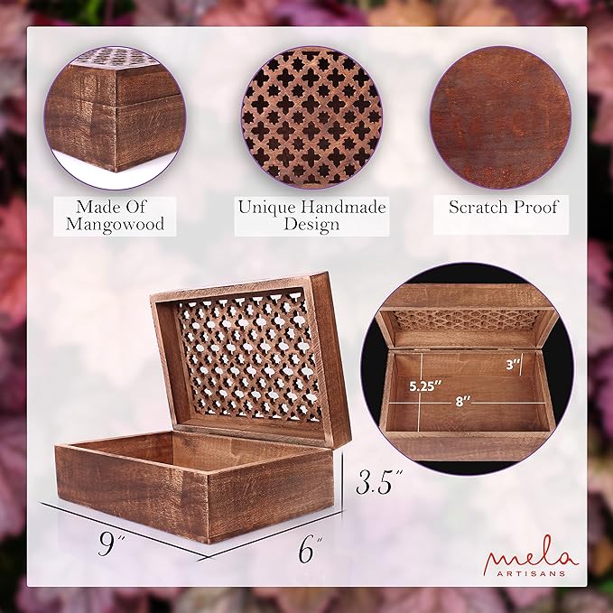 Mela Artisans Wooden Keepsake Box | Medium Polish Mango Wood Memory & Photo Storage Box with Hinged Lid | Decorative Storage Box | Large | 9x6x3.5 Inch