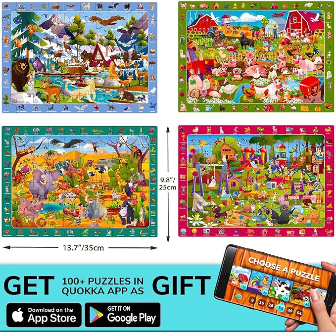 QUOKKA Puzzles for Kids Ages 4-6 - Toddler Puzzles Ages 3-5 - 4-Pack 60 Piece Search and Find Animals Jigsaw Puzzle 6-8 - Learning Toys for 3 Year Old Boys and Girls - Educational Games Gift