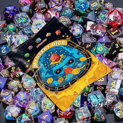 QMAY Resin Mystery Dice Set, 7 Pcs Handmade Sharp Edge Polyhedral Dice, Random Various Styles DND Dice & Dice Bag, DND Gifts, Suitable for Dungeons and Dragons, RPG, MTG,Role Playing Table Game