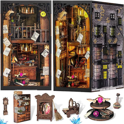 DIY Book Nook Kit, 3D Wooden Puzzle Miniature Booknook Bookend Bookshelf Decor with LED Light, Dust Cover, Book Nook Kits for Adults Teen (Magic Wand Shop)