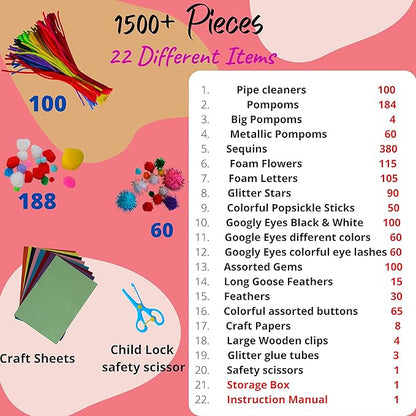 KiddlingKids Arts and Crafts Supplies Kits, DIY,Birthday Gifts, Home School, Toddler Kindergarten Activity Set, Pipecleaners, Pom Poms, Popsickle Sticks All in One for Boys and Girls Ages 4 5 6 7 8