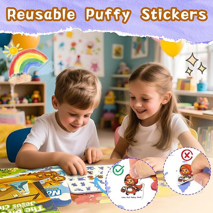 3 Pack Reusable Sticker Books for Kids, Waterproof Puffy Stickers - Match and DIY Scene, Toddler Travel Essential Activities Toys - Christianity Jesus, Noah's Ark and Fairy Tales (2-6 Age)