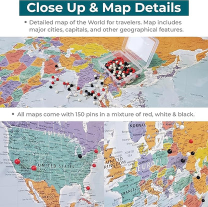 Canvas - Personalized Blue Oceans World Push Pin Travel Map with Solid Wood Cherry Red Frame