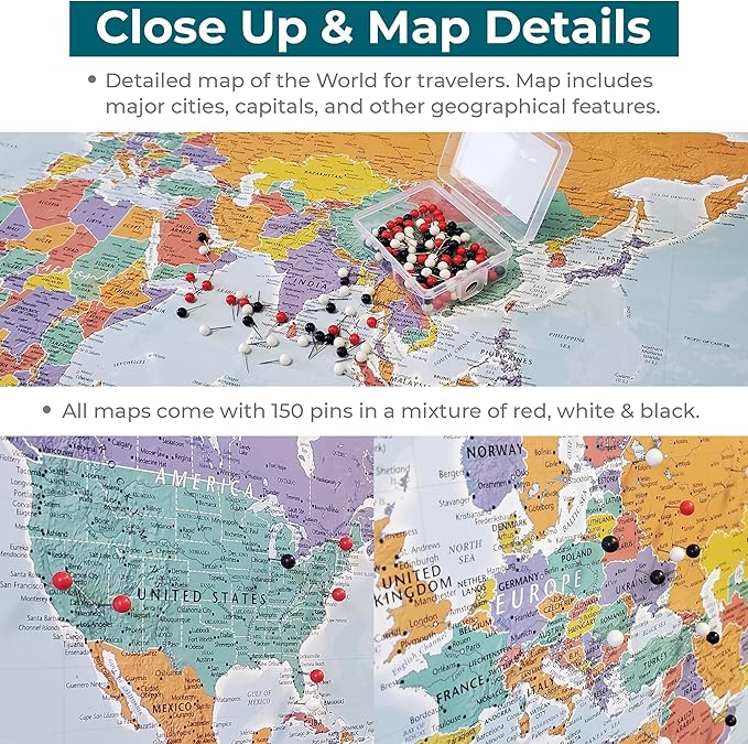 Canvas - Personalized Blue Oceans World Push Pin Travel Map with Brown Frame