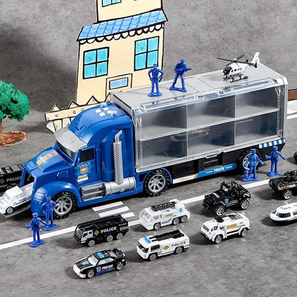 JOYIN 25 in 1 Police Rescue Truck Car Toy Set with Sounds and Lights, Mini Vehicles in Carrier Truck, Play Police Patrol Rescue Vehicle Toy, Christmas Birthday Gifts for Over 3 Years Old Boys