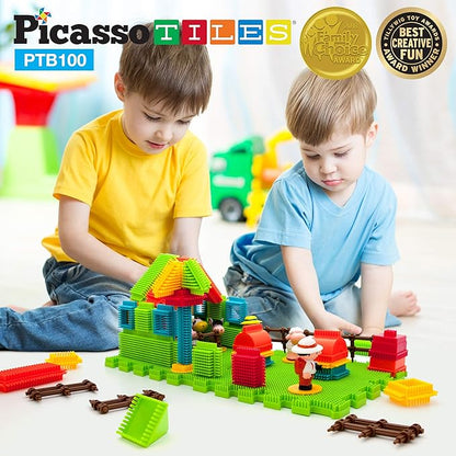 PicassoTiles PTB100 100pcs Hedgehog Shape 3D Building Blocks Tiles Farm Theme Set Learning Playset STEM Toy Set Educational Kit Child Branin Development Preschool Kindergarten Toy