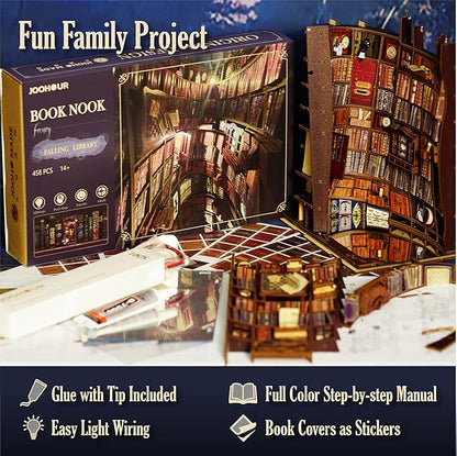 DIY Book Nook Kit, Alice in Wonderland, Dollhouse Miniature, Booknook Bookshelf Insert Alley 3D Wooden Puzzle, Bookends Model Building Kit, Gift for Teens and Adults, Falling Library