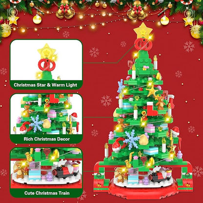 Flyart Christmas Tree Building Blocks, Toy Building Sets with LED Light, Christmas Tree Building Bricks with Christmas Train, Stocking, Snowflake, Xmas Gifts for Kids Adults Teens