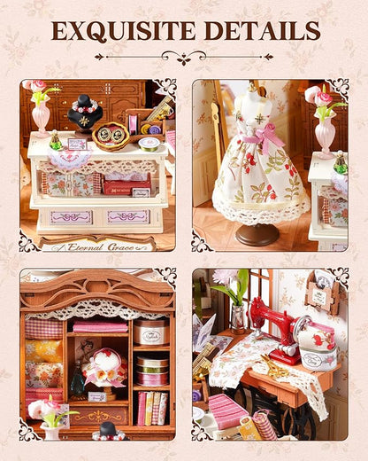 ROBOTIME DIY Miniature House Kit, Elsa’s Tailoring Dollhouse Kit, Mini Wooden Furniture Kit for Adults, Sewing Shop Building Model, Creative Craft Gift for Birthday/Christmas/Hobby Enthusiasts