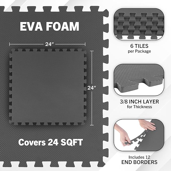 EVA Foam Mat Tiles 6-Pack - 24 SQ FT of Interlocking Padding for Garage, Playroom, or Gym Flooring - Workout Mat or Baby Playmat by Stalwart (Gray)