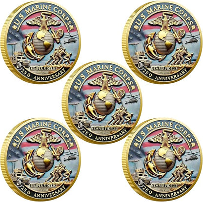 USMC 250th Anniversary Challenge Coin (1.57 Inch) – Double-Sided Collectible Military Coin for Veterans, Active Duty & Marine Corps Enthusiasts (5PCS)