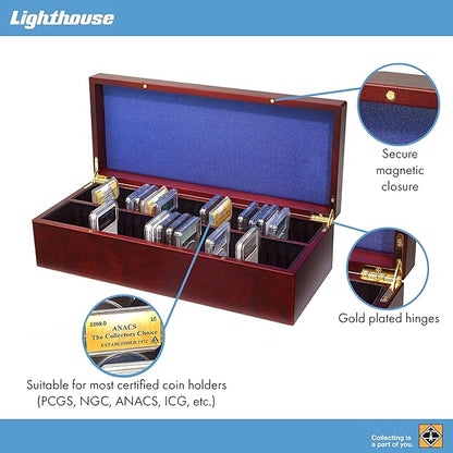 Lighthouse - Coin Box for 50 Slabs - Perfect For Slabs from PCGS, NGC, ANACS, ICG and more - Mahogany Wood Grain Finish