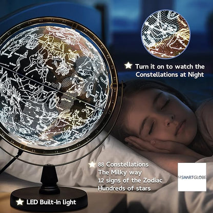 with Interactive APP & LED Illuminated Constellations at Night, US-Patented STEM education 10" World Globe with Detailed map