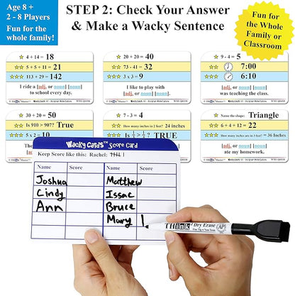 Think2Master Wacky Cards 1st - 3rd Grade. Math Card Game for Families & Classroom. Make Hilarious Sentences While Practicing Math Including Addition, Subtraction & Multiplication. +4 Dry Erase Markers
