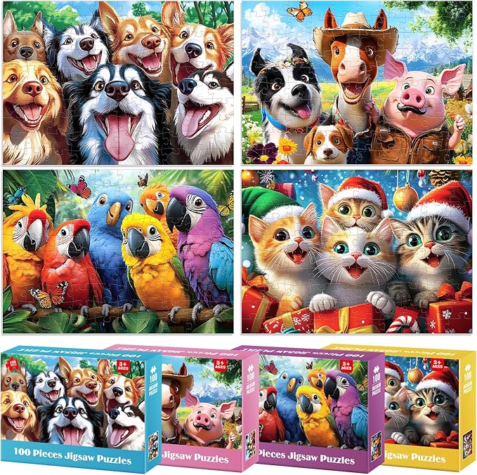 4 Packs 100 Piece Puzzles for Kids Ages 4-6 6-8 - Lovely Animals Selfies, Large Piece Puzzles for Seniors Adults Puzzle for Kids Ages 8-10 Educational Learning Puzzle Toys Gifts for 5 Year Old Child