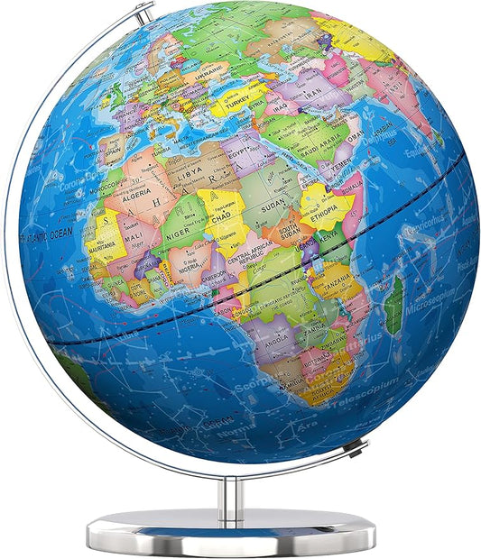 Illuminated World Globe with Stand, 13" Earth Globes with Stable Heavy Metal Base for Kids Classroom Learning, LED Constellation Globe Night Light with HD Printed Map