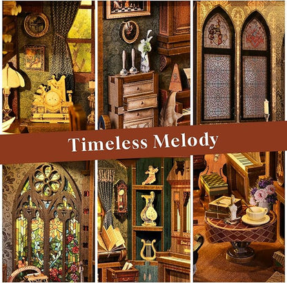 Book Nook Kit Music, DIY Miniature House Kit Book Nook, 3D Wooden Puzzle Bookshelf Insert Diorama Kit with Led Light for Teens and Adults (Timeless Melody)