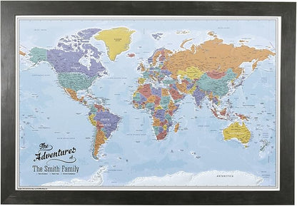 Canvas - Personalized Blue Oceans World Push Pin Travel Map with Rustic Black Frame