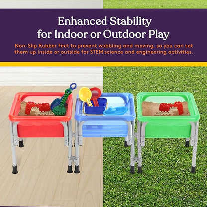 Special Supplies Sensory Activity Table for Kids and Toddlers -with Plastic Buckets and Beach Toys for Interactive Learning - Water, Sand, and STEM Play (Three Buckets - Green + Blue + Red)