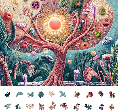Puzzles for Adults 1000 Pieces: Tree of Life - Jupiter's Mysterious Garden, Irregularly Shaped Difficult Challenging Jigsaw Puzzle with Hidden Animal-Shaped Pieces, 6-Color-Zone on Back