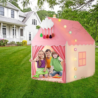 Pink Kids Play Tent with Mat, Cloud and Ball Lights Large Playhouse for Children and Girls Princess Castle Tent for Bed- Indoor & Outdoor Toddler Camping Tent(Cloth Door & Metal Rack)