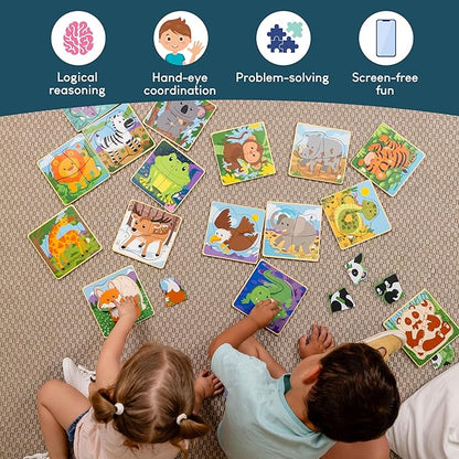 BONNYCO 4 Pieces Wooden Puzzles Pack 16 Party Favors for Kids 1 to 5. Birthday Goodie Bags Stuffers, Valentines Gifts for Toddlers Ideas, School Classroom Prizes and Baby Bulk Toys