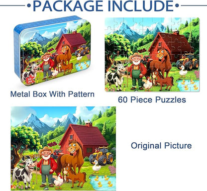 LELEMON Puzzles for Kids Ages 4-6, Farm 60 Piece Puzzles for Kids Ages 3-5 in a Metal Box, Educational Jigsaw Puzzles Childrens Puzzle Games Puzzle Toys for Girls and Boys