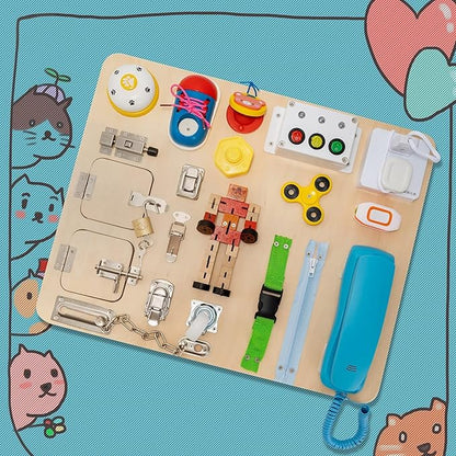 Montessori Large Busy Board for Toddlers 3 Years Old - 20 in 1 Wooden Sensory Educational Toys -Fidget Toys for Autistic Children-Preschool Learning Activities Fine Motor Skills