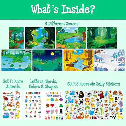 Reusable Jelly Sticker Book, 60 Wild Animals Thick Jelly Stickers Waterproof Gel Cling Decals Jungle Themed Busy Book Hands-on Activity Travel Game Educational Learning Toys for Toddlers, Kids