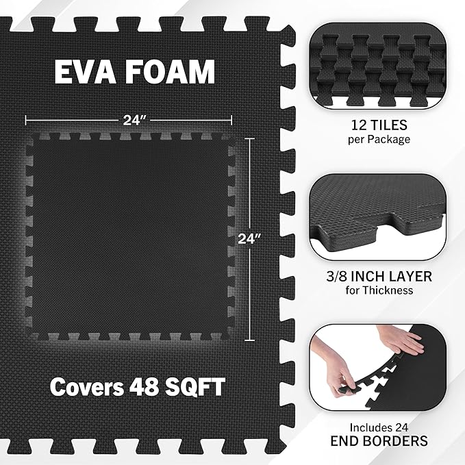 EVA Foam Mat Tiles 12-Pack - 48 SQ FT of Interlocking Padding for Garage, Playroom, or Gym Flooring - Exercise Mat or Baby Playmat by Stalwart (Black)