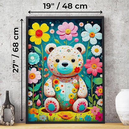 Teddy Bear in Flower Garden Illustration – 1000 Pieces Jigsaw Puzzle for Adults – Matte Finish, Soft Touch, Easy to Assemble, Tight Fit, Vivid Colors, Missing Pieces Service