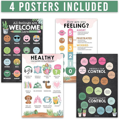 Hadley Designs Feelings Chart For Kids Ages 4-8 - Emotions Chart For Toddlers 3-5, Counseling Feelings Posters For Classroom Calming Corner, Social Emotional Learning Posters, Cactus Classroom Decor