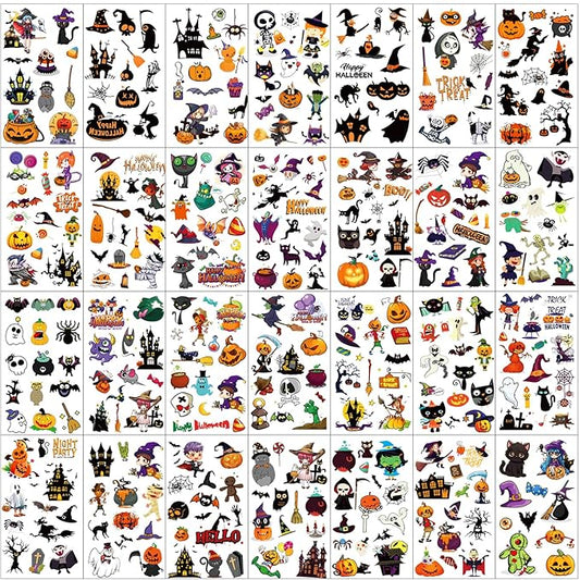 380+ PCS Halloween Temporary Tattoos for Kids, 30 Sheets Creative Design Halloween Tattoos for kids Halloween Party Decorations, Pumpkin Tattoo Stickers Halloween Gifts for kids for Halloween Makeup