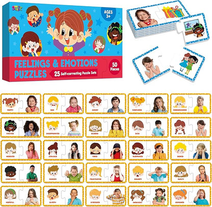 Feelings & Emotions Puzzle Cards, 50PCS Puzzles with Different Moods-Learn to Identify Various Feelings, Learning Toy for Kids with Autism, ADHD -Educational Tools for Therapy, Classroom, Home Use