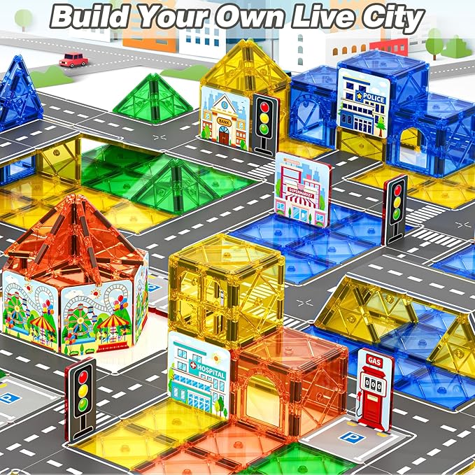 92PCS Magnetic Tiles Build Your Own Live City Toddlers Kids Toys City Road Construction Sensory Toys Preschool Learning Play with Cars Pretend Play Toy Gift for 3 4 5 6 7 Year Old Boys Girls