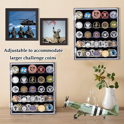 Coin Holder, Challenge Coin Display, Acrylic Military Coin Display Case with Removable Shelves and Magnetic Door, Fits 45 Military Medals Poker Chip Pins Badges, for Casino Poker Chips Collectibles
