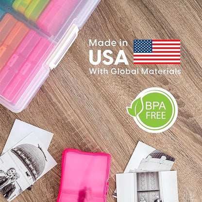 IRIS USA 4" x 6" Photo Storage Box Craft Keeper, Transparent Handle Container with 16 Organization Holder Cases for Pictures, Tasks, Scrapbooking, Stationery Storage, Multi-Color/Clear