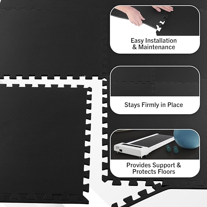 EVA Foam Mat Tiles 6-Pack - 24 SQ FT of Interlocking Padding for Garage, Playroom, or Gym Flooring - Exercise Mat or Baby Playmat by Stalwart (Black)
