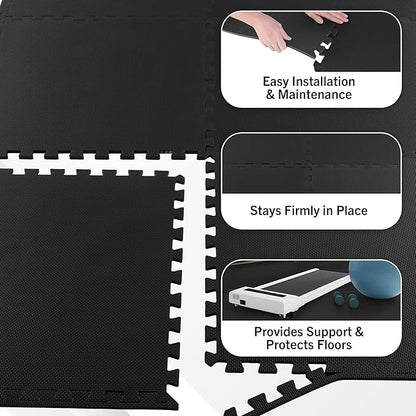 EVA Foam Mat Tiles 6-Pack - 24 SQ FT of Interlocking Padding for Garage, Playroom, or Gym Flooring - Exercise Mat or Baby Playmat by Stalwart (Black)