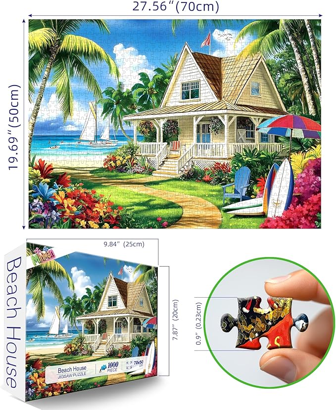 Beach House Paradise 1000 Piece Jigsaw Puzzle for Adults - Tropical Ocean Scene with Palm Trees, Sailboats & Coastal Cottage - Challenging Puzzle Games, Summer Beach Landscape, Nature Scenery Art