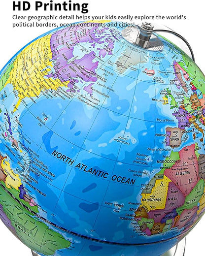 Illuminated World Globe with Stand, 9" Earth Globes with Stable Heavy Metal Base for Kids Classroom Learning, LED Constellation Globe Night Light with HD Printed Map