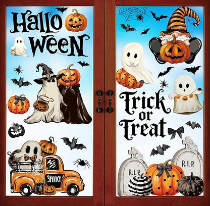 Halloween Window Clings,Double-Sided Reusable Window Decals,Vintage Ghost Pumpkin Bat Stickers for Glass Windows,Home Shop Glass Decorations,9 Sheets