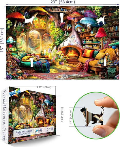 Fantasy Mushroom House Jigsaw Puzzle, 500 Pieces, Cozy Interior Scene with Fireplace