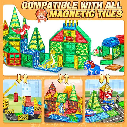 Magnetic Tiles Dinosaur Toys for Kids 3-5 4-8 Magnet Building Blocks Toddler Toy - Dino World Magnetic Toys STEM Creative Games Christmas Birthday Gifts for 3＋ Years Old Boys Girls