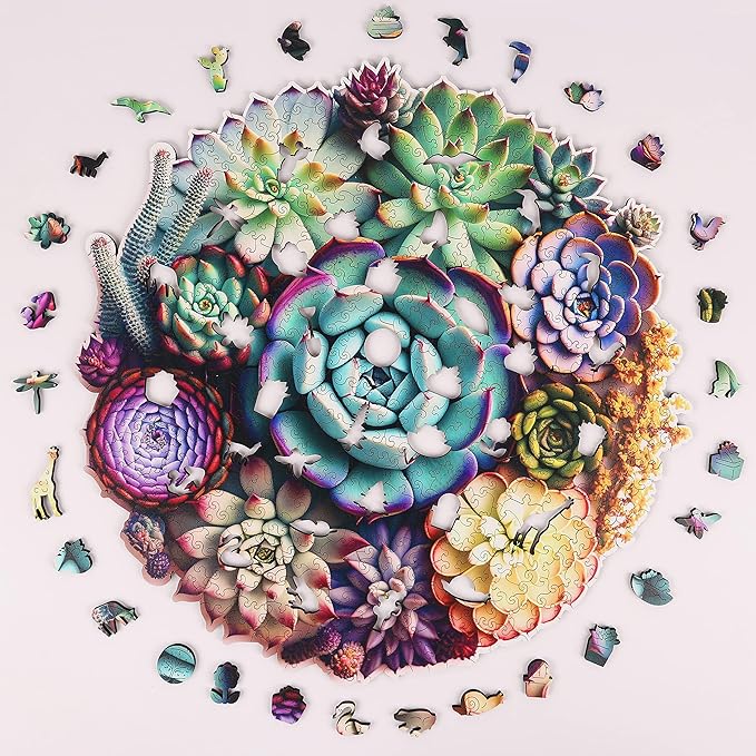 delobi Mandala Succulent Wooden Puzzles, 500 Pieces Jigsaw Puzzles 11.3'' x10.9'', Unique Design Liberty Wooden Puzzles for Adults and Kids, Family Game Gift Medium Size