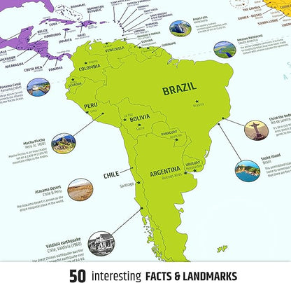 Large World Map for Wall - Poster with Flags & Capitals - Educational World Map for Kids & Adults - Colorful Global Maps with 50 Interesting Facts - Classroom & Homeschool Decor