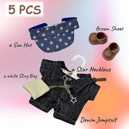 17cm Doll Clothes, Outfits Denim Jeans Set for 17cm Doll, 5 Piece Set Hat Shoes Clothing, Stylish Adorable Dolls Clothes Accessories (No Doll)