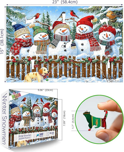 Christmas Jigsaw Puzzles 500 Pieces for Adults - 23x15 Inches Winter Holiday Puzzle with Unique Shaped Pieces, Fun & Challenging Snowman Art for Christmas Vacation