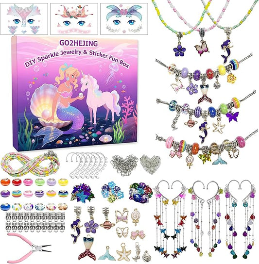 GO2HEJING Charm Bracelet Making Kit for Girls, Jewelry Making Kit for Girls 8-12, Ear Cuff/Necklace Craft Kit, Cute Face Temporary Tattoos for Kids, Mermaid Toys for Teenage Birthday Gift (Ocean)
